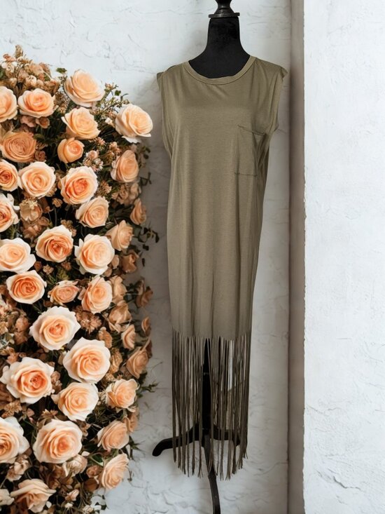 Soprano Dresses & Skirts - Olive Green T-Shirt Dress - Fringe Hemline